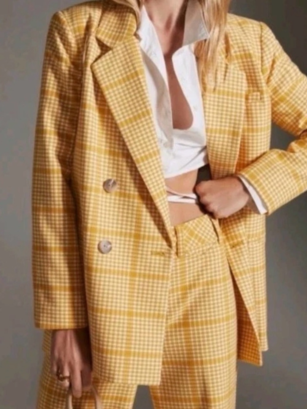 Maeve Mustard Plaid Double-Breasted Blazer